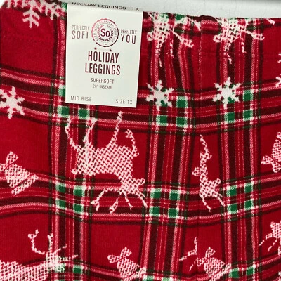 SO Womens Holiday Christmas Reindeer Snowflake Leggings Legging Soft Plus 1X NEW - Image 1 of 4