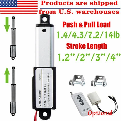 Mini Micro Electric Linear Actuator Stroke 1.2" 2" 3" 4" 12V High Speed 6"/sec - Image 1 of 4