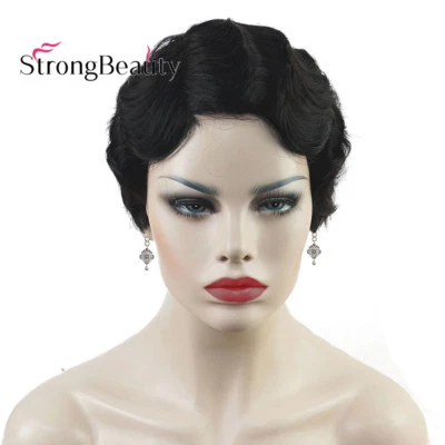 Peluca Retro Dedo Corto Ondas Peinados 100% Cabello Humano Negro Mujer Años 20 Pelucas Foto 1 de 4