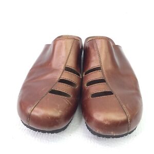 Aravon Brown Leather Mule Shoes Size 9 Power Comfort Brownzed Slide Slip-On Clog