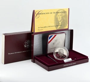 US 1993-S Thomas Jefferson 250th Anniv $1 Silver Proof Commemorative w/Box & COA - Picture 1 of 2