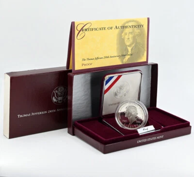 US 1993-S Thomas Jefferson 250th Anniv $1 Silver Proof Commemorative w/Box & COA - Image 1 of 2
