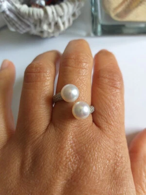 Anello con doppio Perle fiume e zirconi in Argento sterling 925 Rodiato - Immagine 1 di 4