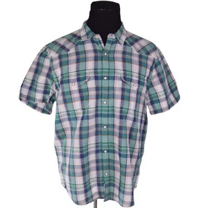 Lucky Brand Mens Shirt Large Classic Green Blue Check Snap Button Linen Blend - Picture 1 of 7