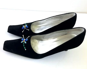 GIUSEPPE ZANOTTI Vintage Black Velvet Kitten Heels Dragonfly Made in ITALY Sz 8 - Picture 1 of 12