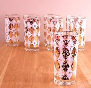 Set of 8 Vintage MCM Gold & White Filigree Highball Glasses, Immaculate/Like New - Picture 1 of 7