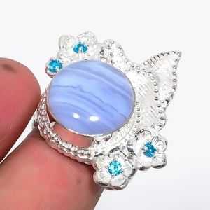Namibian Blue Lace Agate, Blue Topaz Silver Plated Ring s.7.5 T28|Christmas Gift - Picture 1 of 3