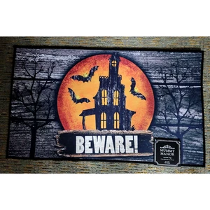 New HALLOWEEN Accent Rug 17" X 30" BEWARE/HAUNTED HOUSE Indoor/Outdoor - Picture 1 of 2