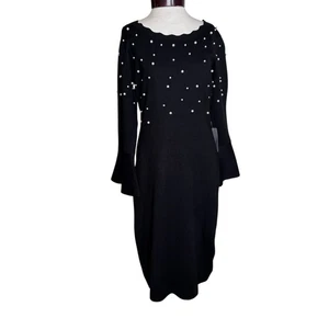 Neu mit Etikett London Times schwarzes Kleid mit Perlendetails Glockenärmel Strickkleid Large - Bild 1 von 16