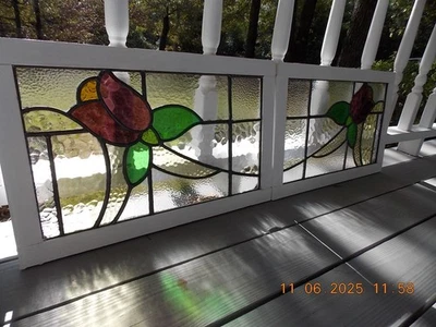 Tulip Pattern Set 2 Leaded Stained-Glass Windows Reframed 22 7/8" X 14 1/2 0 S&H - Image 1 of 4