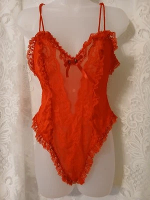Vintage 80s Red Sheer Nylon Lace Wet Look Hi-Cut Teddy Bodysuit Lingerie S - Image 1 of 4