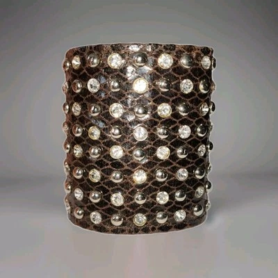 New Old Stock Crystal Rhinestone Metal Studs Brown Leather Wrap Adjust. Bracelet - Image 1 of 4