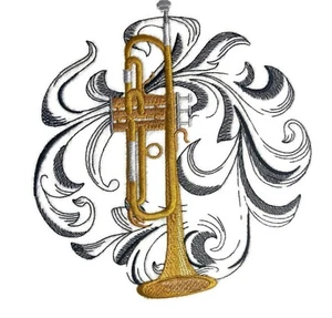 Musical Instruments Trumpet with Baroque Background Embroidered Iron on patch - Picture 1 of 1