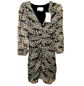 BASH BA & SH Artsy Mini Dress NWT Multicolor 3/4 Sleeve Flowy Ruched Size 6 - Picture 1 of 12