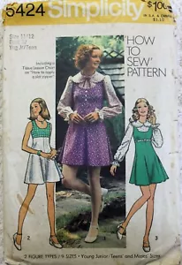 Vestido/blusa vintage 1972 Simplicity 5424 patrón talla 11/12 busto 32" - Imagen 1 de 2