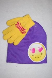 Girls Warm Winter Set PURPLE BEANIE HAT Yellow Gloves SMILE EMOJI Hearts - Picture 1 of 1