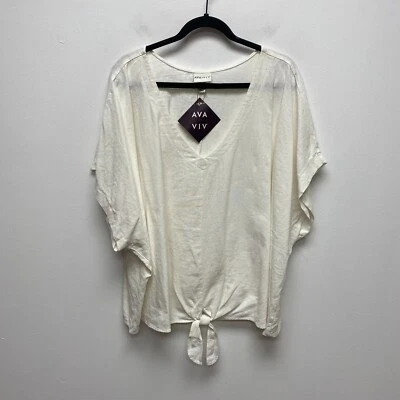 Blusa Ava & Viv Mujer Blanca Cuello en V Kimono Manga Corta Lino Corbata Frontal 4X Foto 1 de 4