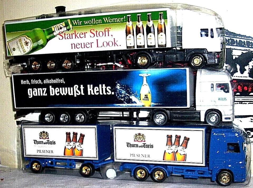 37-O2 3 CAMION Werner + Kelts + birra Thurn und Taxis, MB Actros + MAN, H0 rari! - Immagine 1 di 1