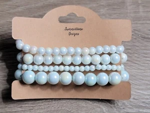 Glass Bead Bracelet Stack 7" Iridescent Mint Green - Picture 1 of 1
