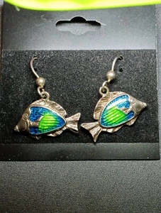 Orecchini Vintage Kabana Pendenti Smaltati Blu Verde Dipinti - Foto 1 di 9