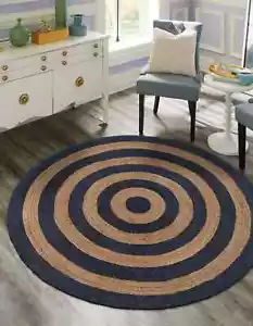 Rug 100% Natural Jute Round Area Floor Mat Carpet Living Room Rug, Beige+Black - Picture 1 of 3