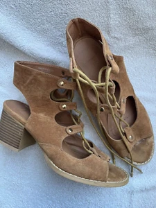 Women's Tan Faux Suede Lace Up Open Toe Shoes Size 7 - Picture 1 of 5