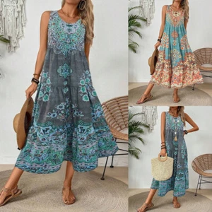 Womens Boho Floral Midi Dress Vintage Sleeveless Summer Beach Holiday Sundress - Picture 1 of 13