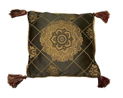 Gold / Dark Olive Decorative Mandala (?) Indoor Throw Accent Pillow Tassels - Image 1 of 4