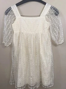 Wonder Nation Girls Ivory Lace Sheer Mesh Dress Knee Length Puff Sleeve Sz 12 - Picture 1 of 9