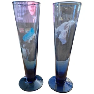2 Vintage Handblown Cobalt Blue Pilsner Champagne Tall Cocktail Glasses 9'' Tall - Picture 1 of 4