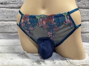 38-54 2XL Blue Sheer Floral Mesh Thong Fem Boy Trans Women Men Pouch Panties - Picture 1 of 7