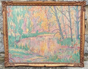 Oil painting on canvas, "The Pond at the Pink Mill in Linkebeek" by Jules Postel - Picture 1 of 5