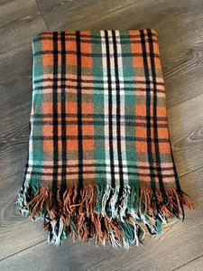 Vintage Plaid Wolle Stadiondecke orange grün schwarz 60x50 Schoßdecke Lodge - Bild 1 von 3