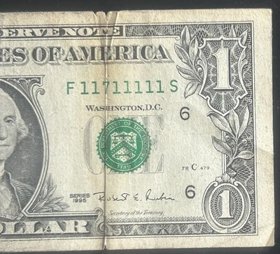 (NEAR SOLID!) $1 Binary Near Solid 7 Of A Kind Fancy Serial Number F11711111S - Image 1 of 3