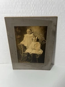 Studio Portrait - Children In Vintage Wicker Chair Cabinet Card Lace Up Boots - Picture 1 of 3
