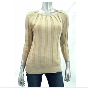 Joseph A Damen Pullover M Gold Khaki Metallic U-Ausschnitt Ripppullover - Bild 1 von 2