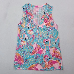 Lilly Pulitzer Shirt Womens XS Blue Pink Flamingo Essie Top Tank Tunic Colorful - Picture 1 of 12