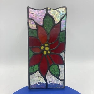 Vtg 8" Stained Lead Glass Poinsettia Pillar Candle Cover Iridescent Christmas - Picture 1 of 13