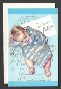 Vntg UnUsed To WELCOME BABY Card &Env Baby Sleeping in HighChair FANTUSY Chicago - Picture 1 of 5