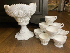 Vintage Milk Glass Punch Bowl Set 9 Cups Pedestal Hobstar Sawtooth Pattern Bowl - Picture 1 of 13