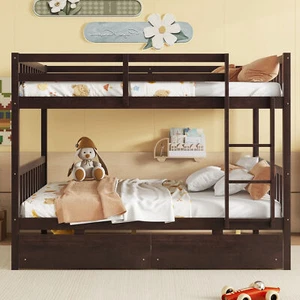 full Over full Rubber Wood Bunk Bed with 2 Drawers, Convertible into 2 full Beds - Picture 1 of 12
