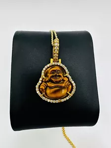 14k Gold Red/Brown Tiger Eye Stone Buddha Pendant with  0.47ctw Natural Diamonds - Picture 1 of 6