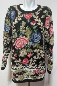 Suéter Crystal Kobe Mujer Grande Negro Tejido a Mano Rosa Humo Rosas Floral De Colección - Imagen 1 de 5