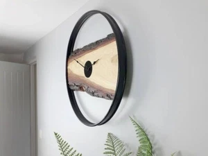 Solid Oak Wall Clock, black steel ring,real bass drum Large 23" rustic hand-made - Picture 1 of 8