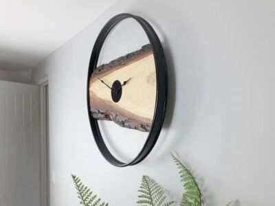 Solid Oak Wall Clock, black steel ring,real bass drum Large 23" rustic hand-made - Image 1 of 4