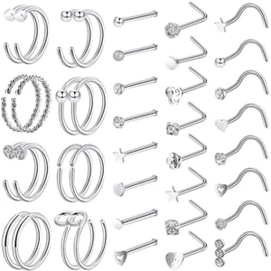 40pcs 20g Stainless Steel Nose Rings Hoop L Shape Nose Studs Nose Screw Bone - Picture 1 of 8