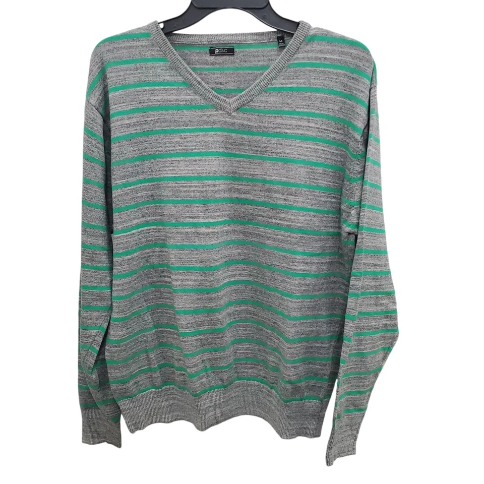 PD&C Men's Heather Gray Bright Green Stripe Preppy Academia V-Neck Sweater Sz M - Image 1 of 4