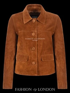 Woman’s Box Buttons Tan Suede Real Leather Jacket Cropped Classic Style Jacket - Picture 1 of 4
