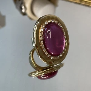 Arnold Scaasi Chunky Gold Tone Cocktail Ring Pink Cabochon Rhinestones Size 7 - Picture 1 of 9