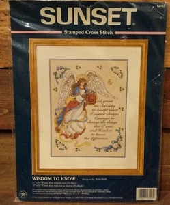 Sunset Cross Stitch Kit Wisdom to Know 13093 Angel Serenity Prayer 1997 Vintage - Picture 1 of 4
